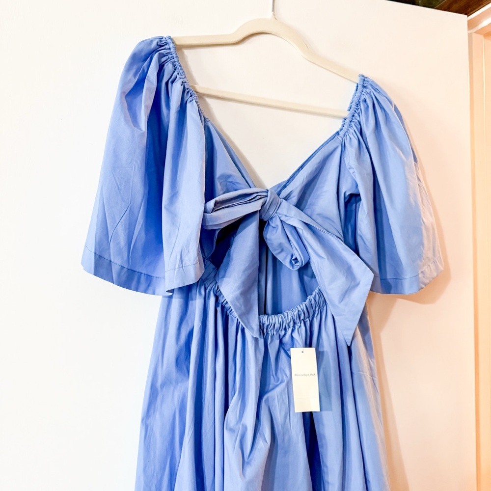 Abercrombie & Fitch Angel Sleeve Twist Front Midi Dress Blue Size Medium Petite - Picture 8 of 11